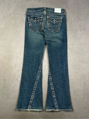 True Religion Women's Dark Blue Flare Jeans with Signature Back Pockets